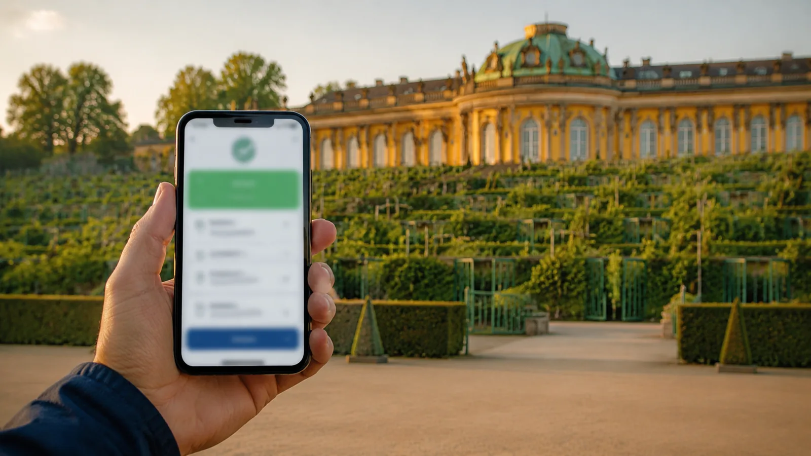 Der Ehrenhof-Eingang von Schloss Sanssouci, wo das Zeitfenster kontrolliert wird